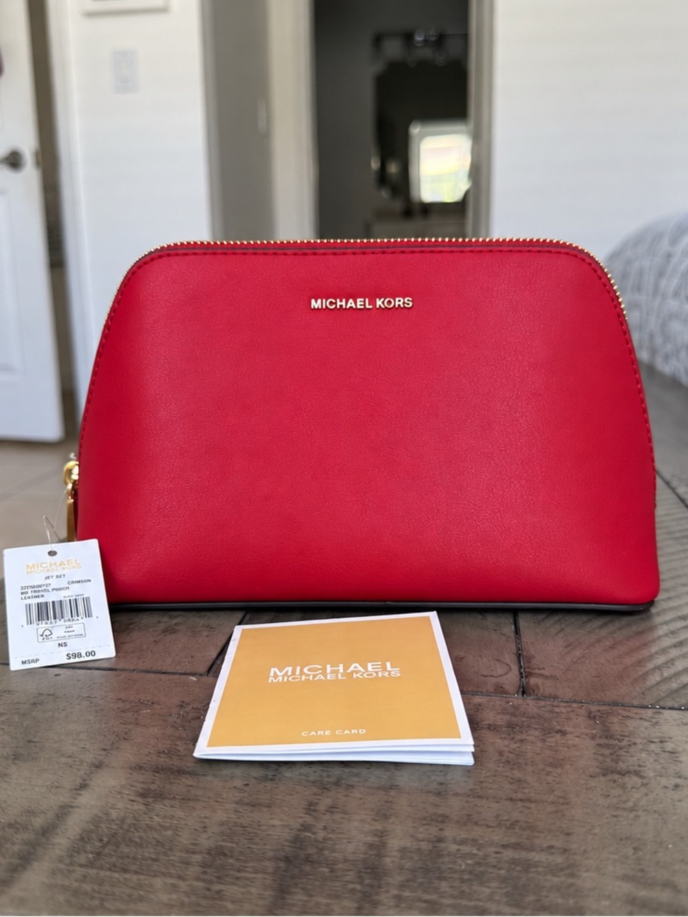 Michael Kors Jet Set Travel Pouch Red Leather Cosmetic Makeup Bag NWT